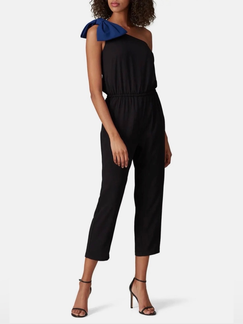 Amanda Uprichard Black Ramona Cropped One Shoulder Blue Bow Jumpsuit Women’s XL